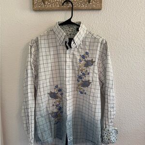 English Laundry Blue and White Grid Shirt with Floral Design